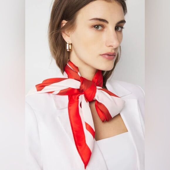 WHBM Red White Fiery Red Lily Satin Large Square Scarf Bandana